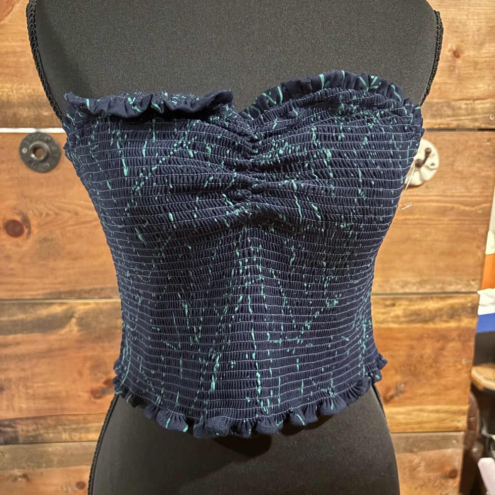 Urban Outfitters Navy and Teal Smocked Crop Top